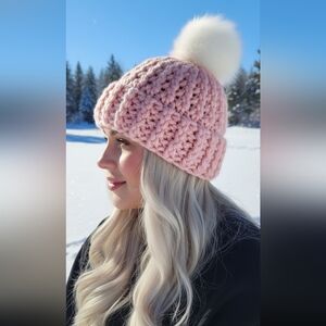 Pastel pink chunky knit pom bini thick